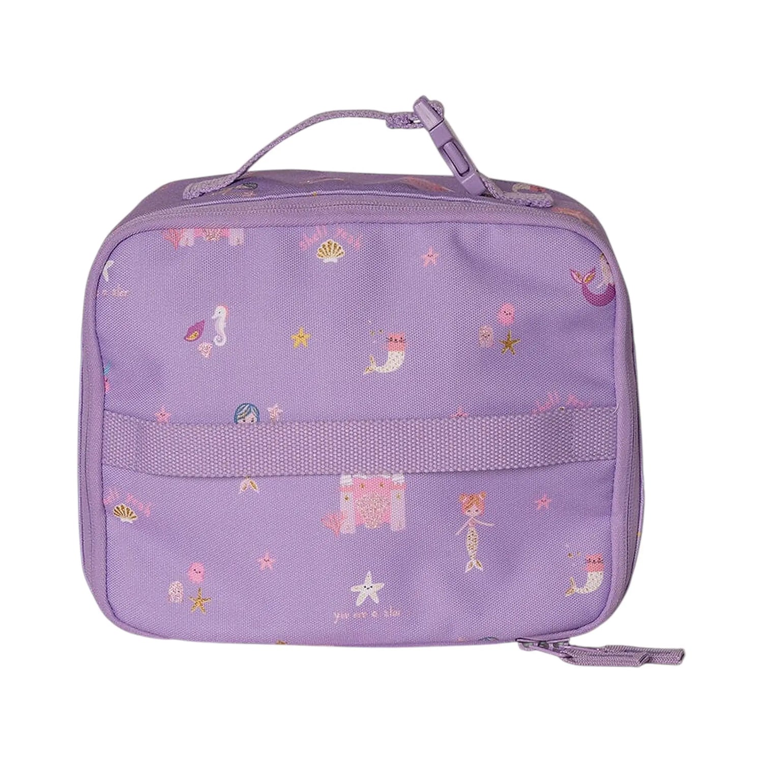 Lil Bunnies - The Collective insulated square lunch bag in purple with a whimsical mermaid and sea life print.