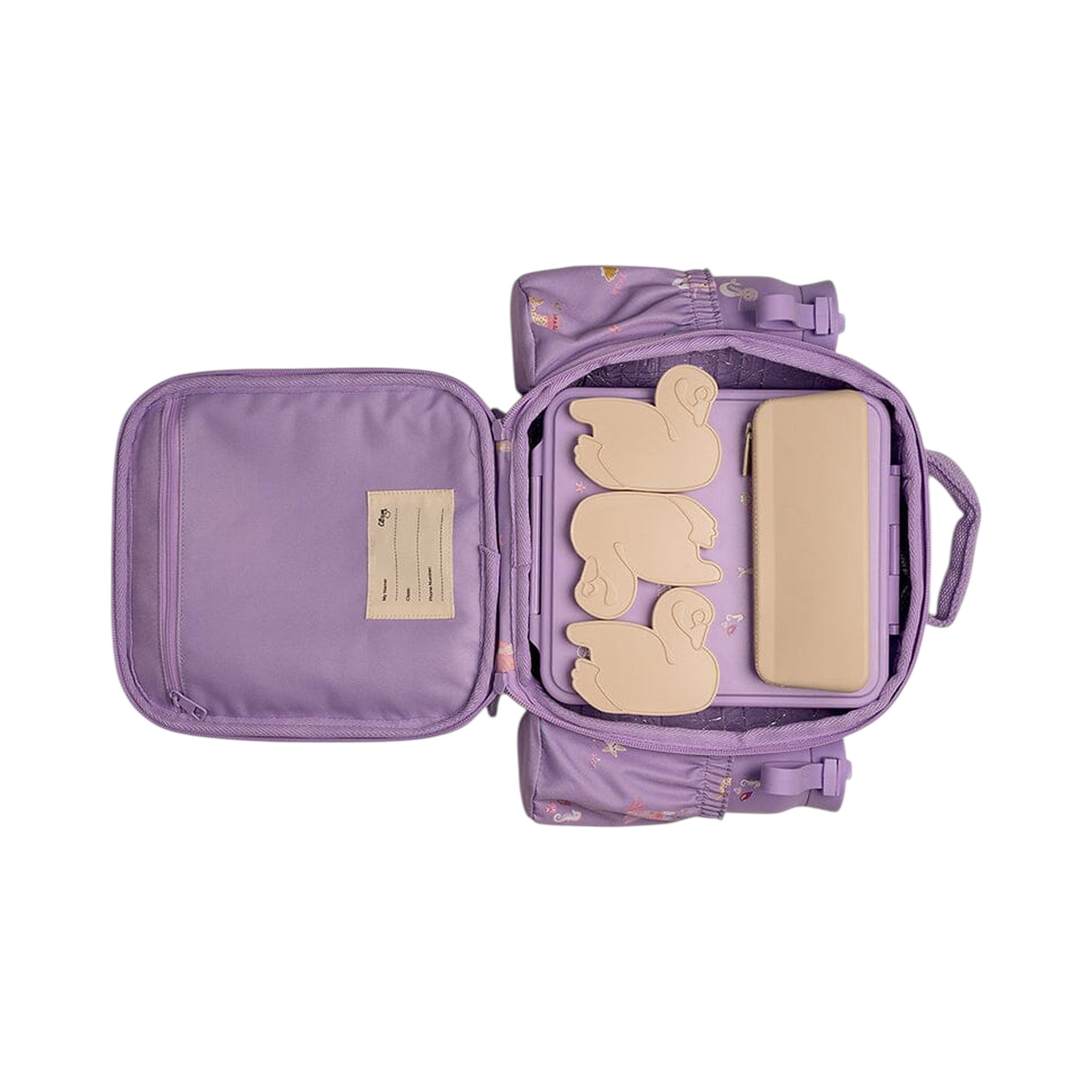 Lil Bunnies - The Collective purple insulated lunchbag backpack with mermaid print, open view showing internal storage