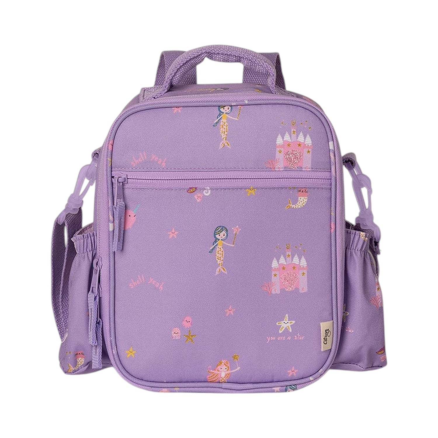 Lil Bunnies - The Collective purple insulated lunchbag backpack featuring a whimsical mermaid and castle print.