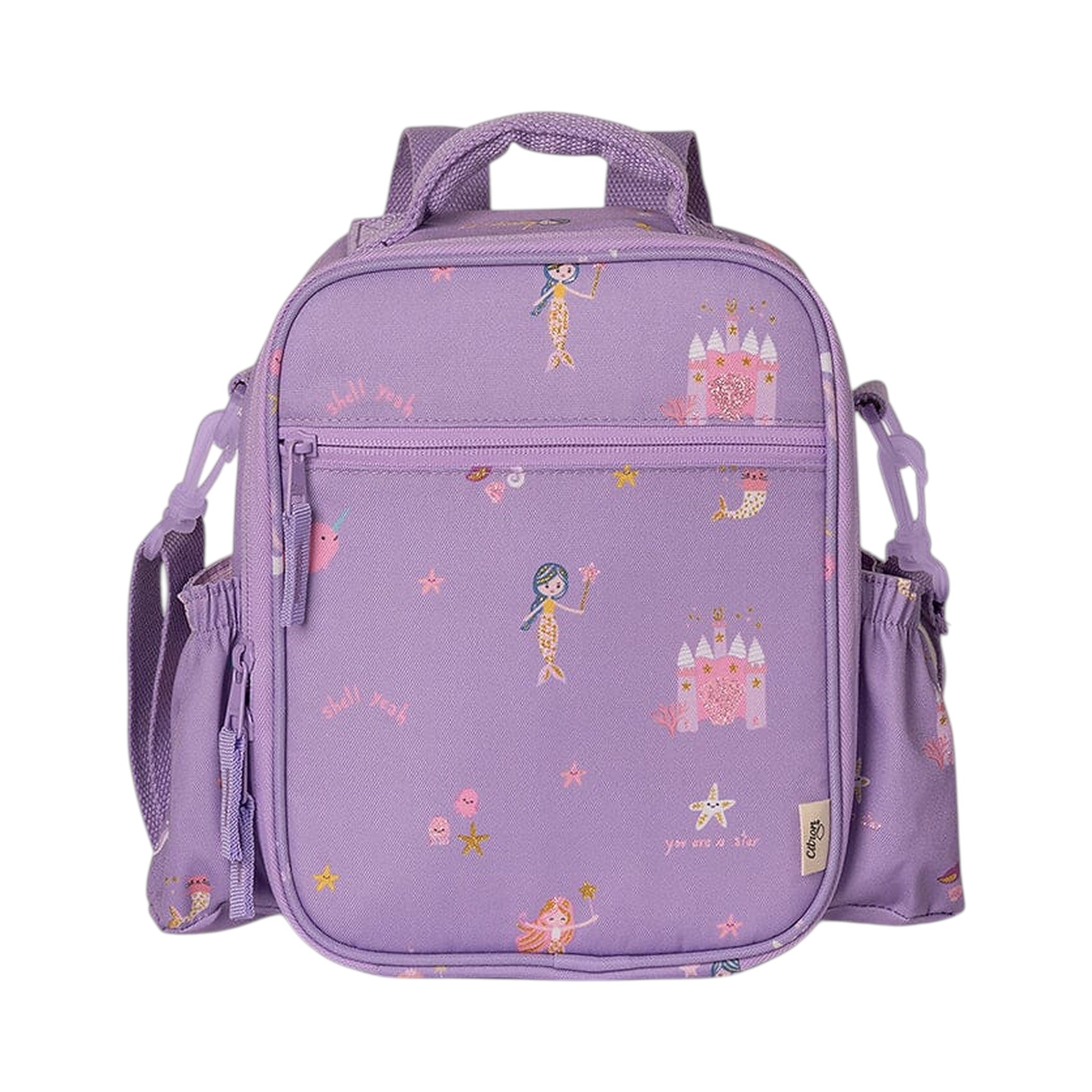 Lil Bunnies - The Collective purple insulated lunchbag backpack featuring a whimsical mermaid and castle print.