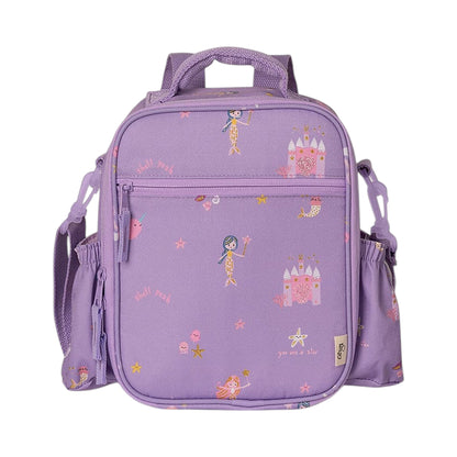 Lil Bunnies - The Collective purple insulated lunchbag backpack featuring a whimsical mermaid and castle print.