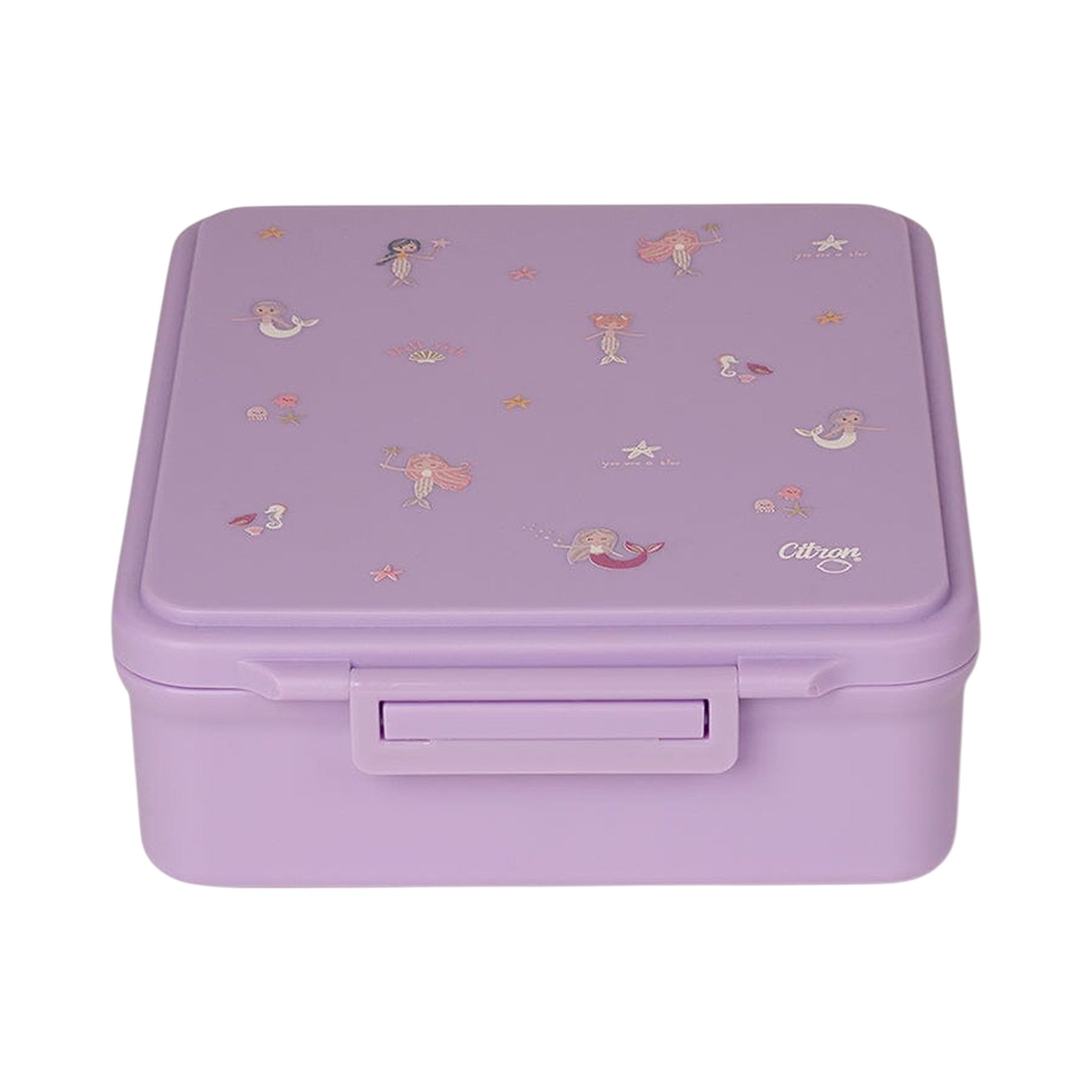 Lil Bunnies - The Collective purple lunchbox featuring a cute mermaid pattern and secure latch closure