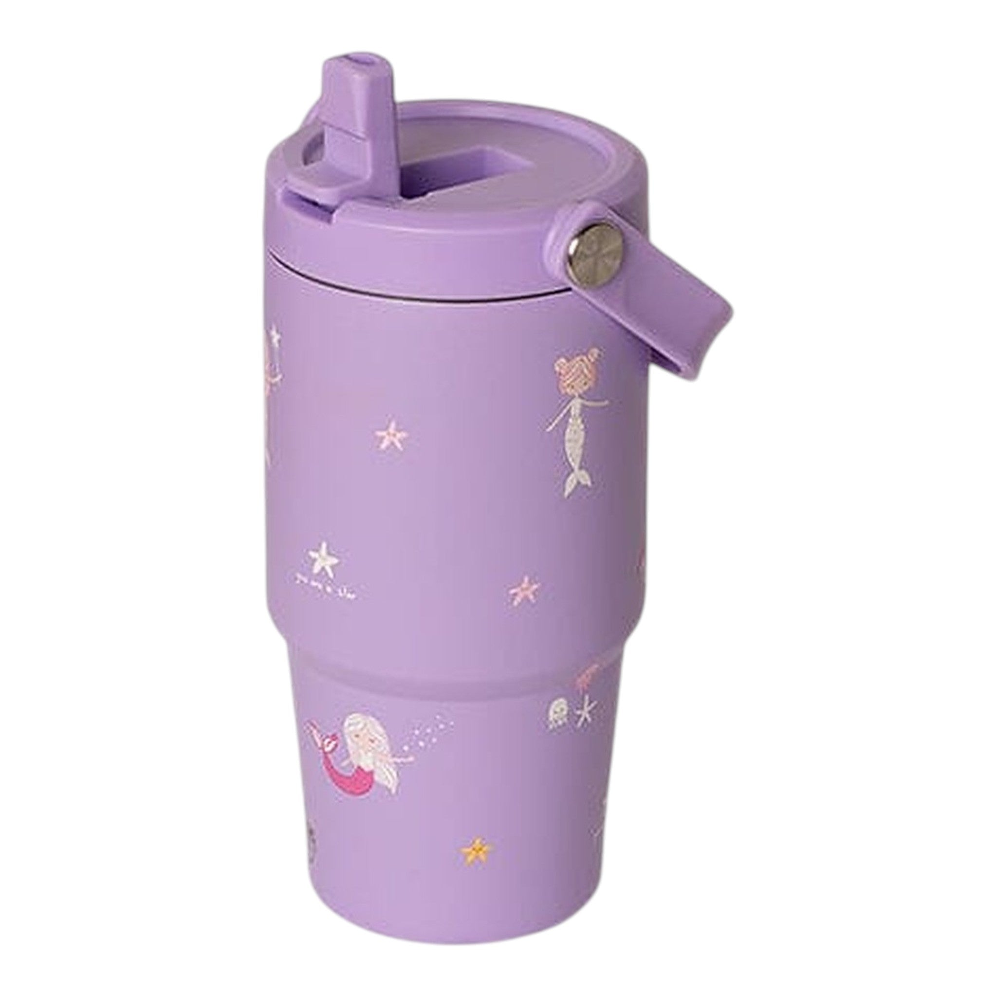 Lil Bunnies - The Collective 600ml insulated purple tumbler featuring a cute mermaid and starfish pattern with a straw