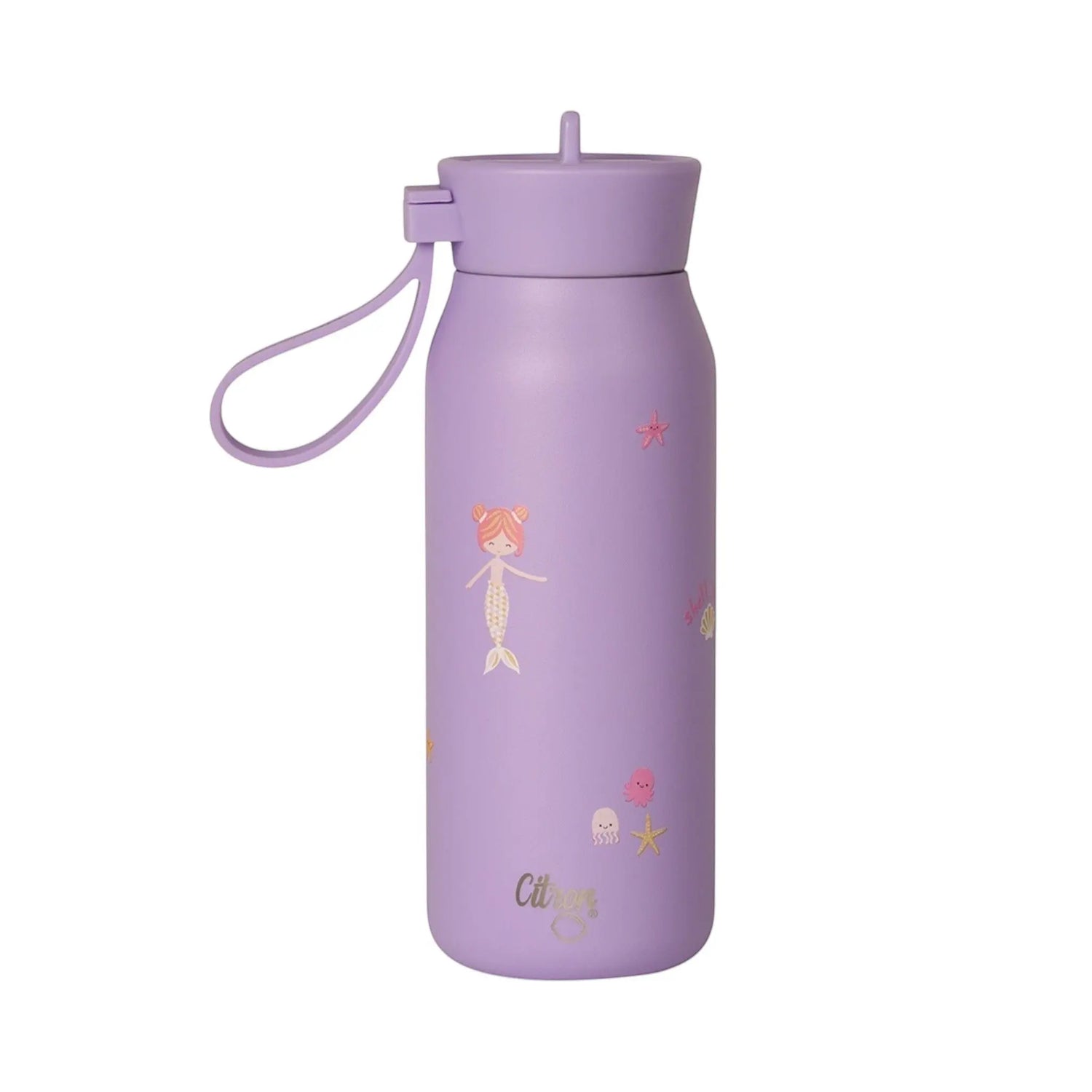 Lil Bunnies - The Collective 250ml purple stainless steel water bottle with mermaid and sea life illustrations