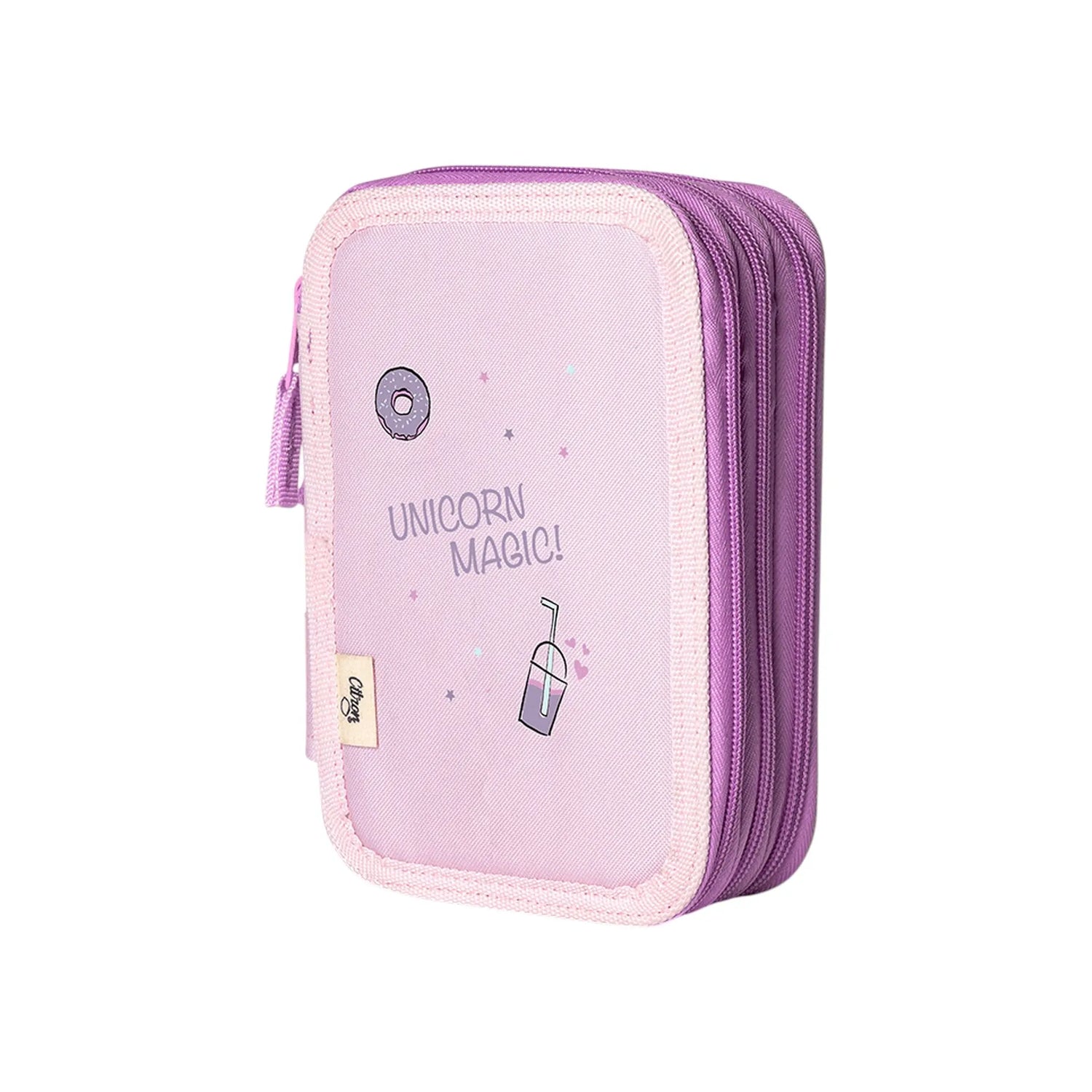 Lil Bunnies - The Collective Stormy Unicorn layered pencil case in light purple with donut and drink illustrations.