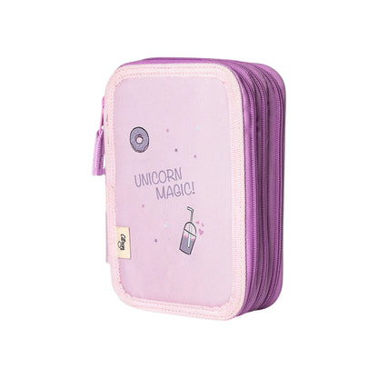 Lil Bunnies - The Collective Stormy Unicorn layered pencil case in light purple with donut and drink illustrations.