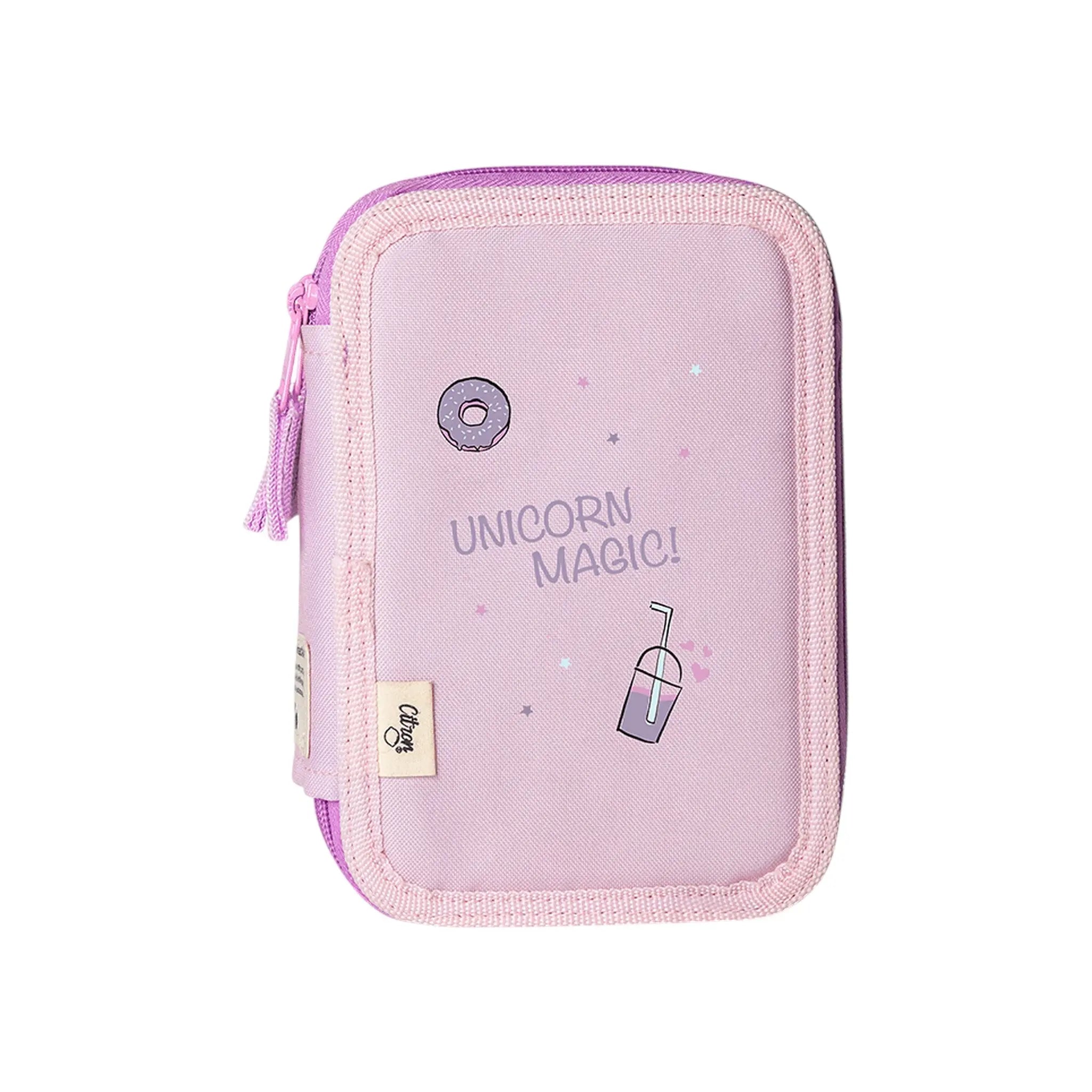 Lil Bunnies - The Collective layered pencil case in light purple with unicorn magic donut and drink graphics