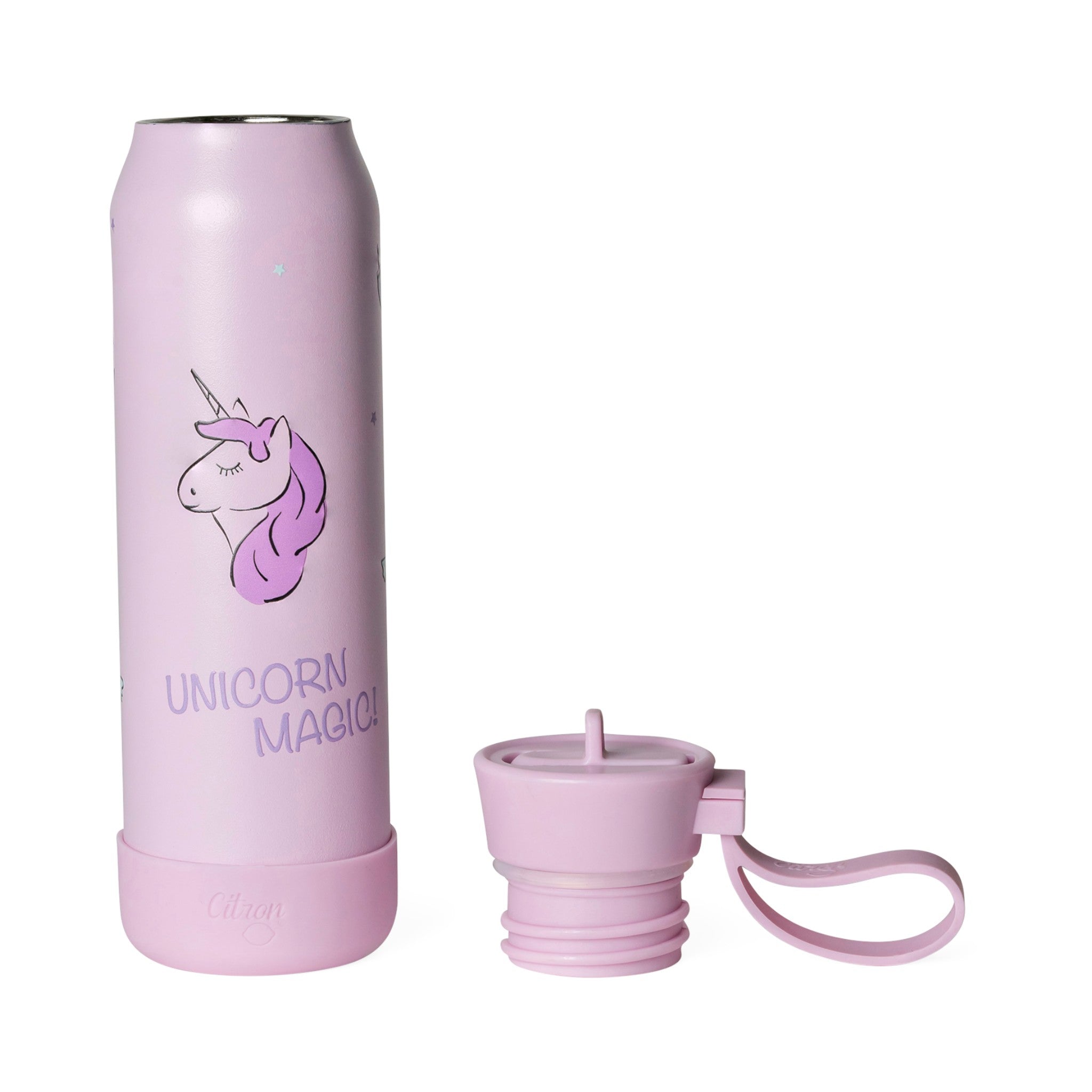 Lil Bunnies - The Collective 350ml light purple stainless steel water bottle with a unicorn print and matching lid