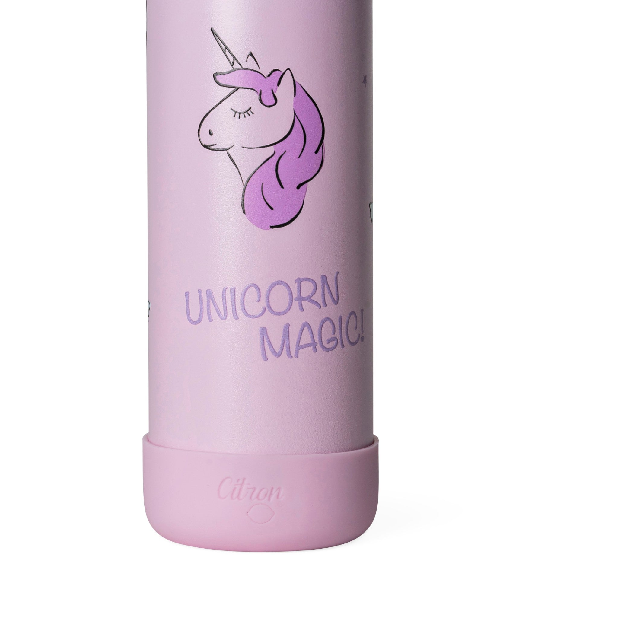 Lil Bunnies - The Collective 350ml light purple water bottle featuring a unicorn illustration and Unicorn Magic text.