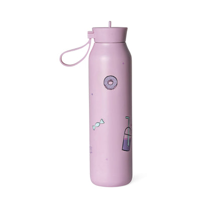 Lil Bunnies - The Collective 500ml light purple water bottle with cute donut and drink illustrations