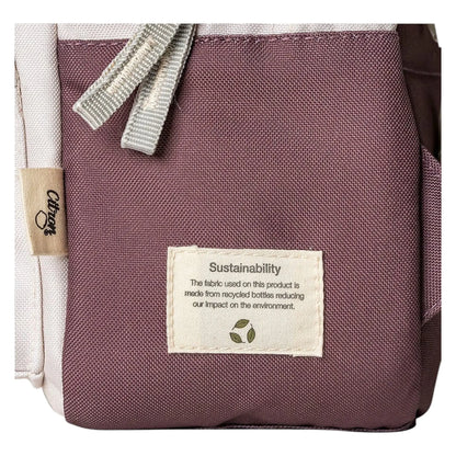 Lil Bunnies - The Collective mini backpack in plum and beige recycled fabric with a sustainability label detail