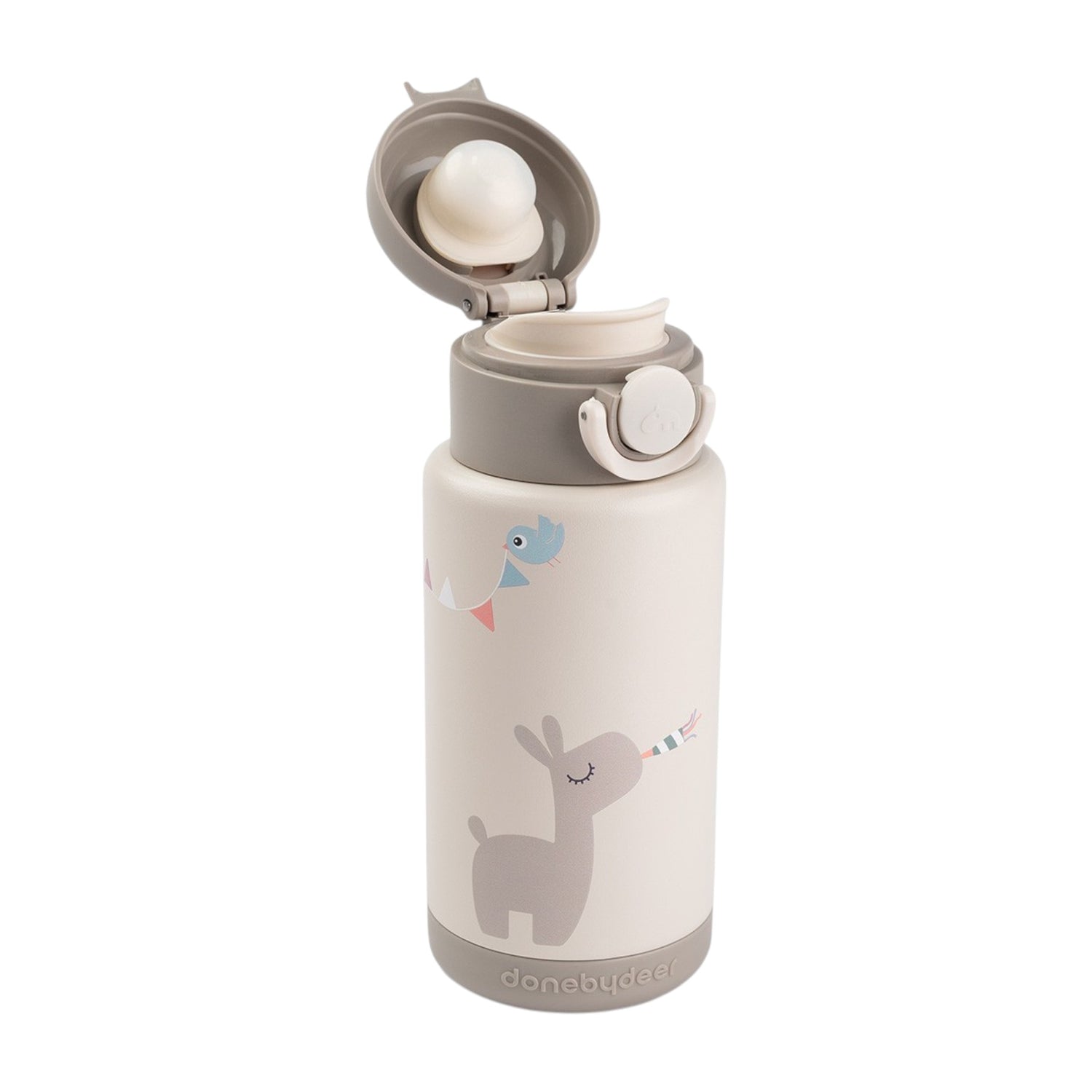 Lil Bunnies - The Collective sand-colored insulated bottle with cute animal illustrations and a flip-top lid