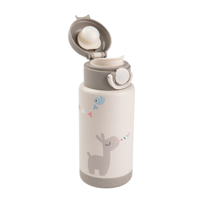 Lil Bunnies - The Collective sand-colored insulated bottle with cute animal illustrations and a flip-top lid