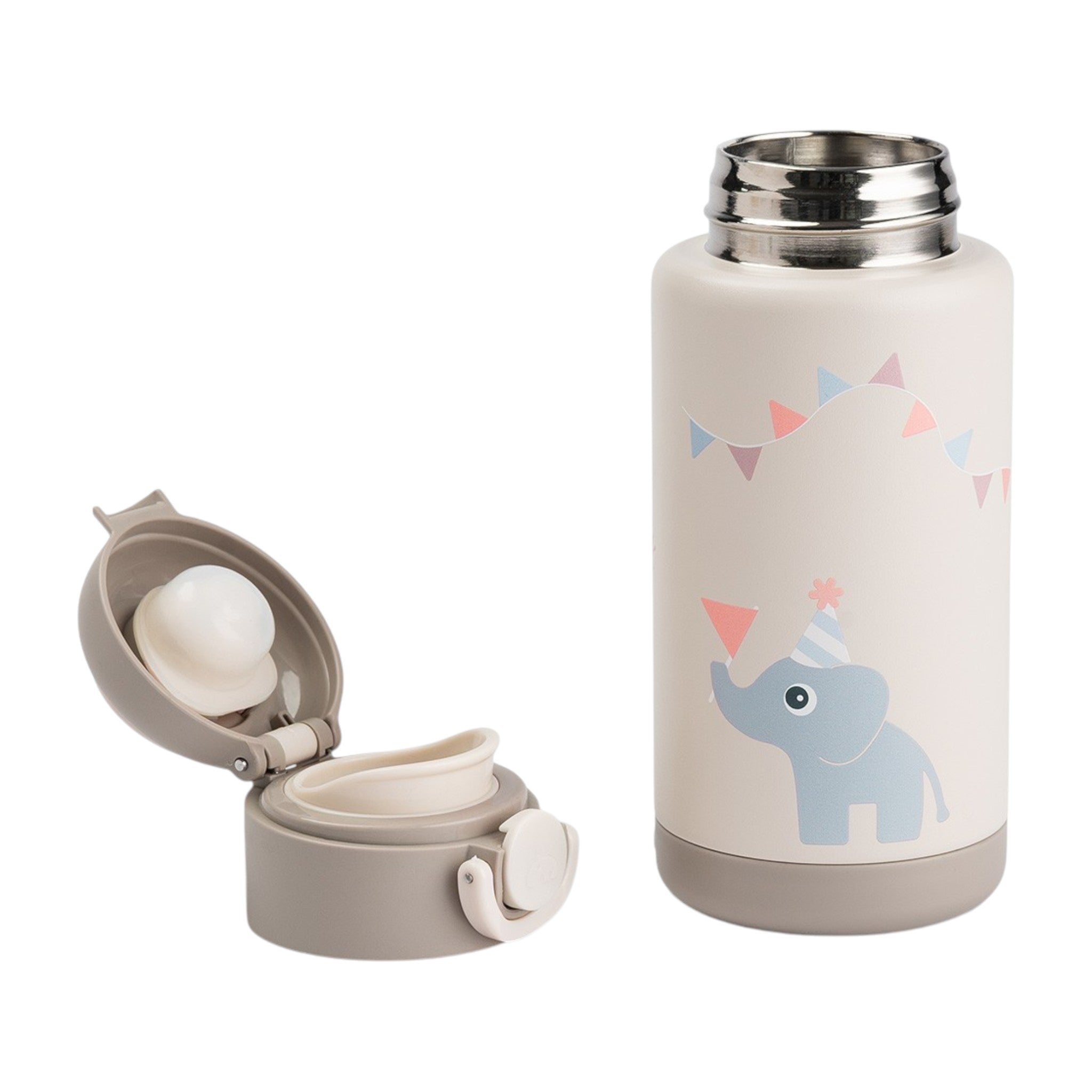 Lil Bunnies - The Collective sand-colored insulated water bottle featuring a cute elephant and bunting design.