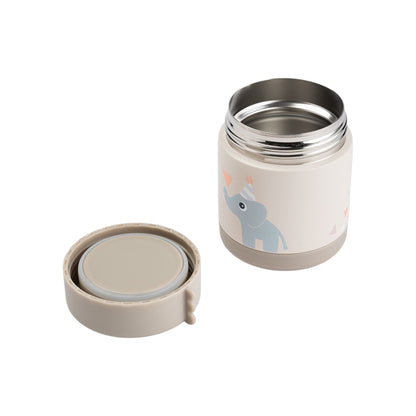 Lil Bunnies - The Collective sand-colored insulated food jar with a cute elephant print and matching screw-on lid