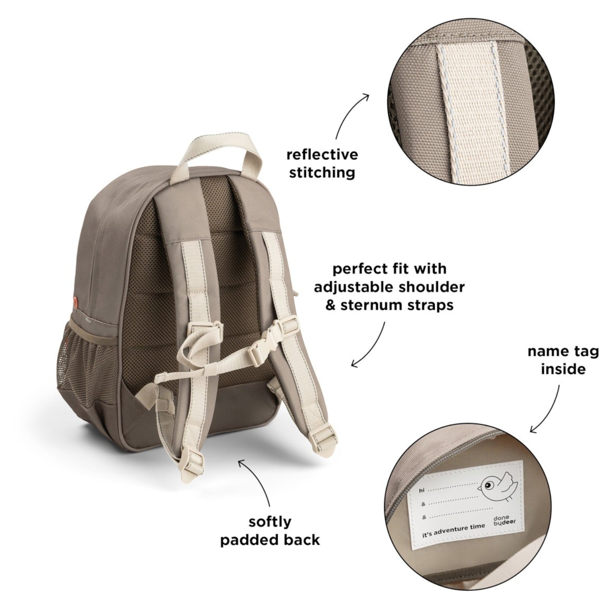 Lil Bunnies - The Collective Junior Backpack in sand with adjustable straps, padded back, and reflective stitching.