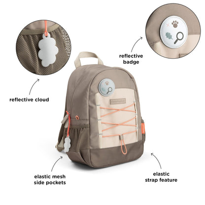 Lil Bunnies - The Collective Junior Backpack Tiny Trails in sand with reflective cloud charm and elastic front straps.