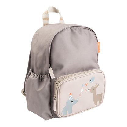 Lil Bunnies - The Collective kids backpack in sand colour featuring a cute elephant and deer print front pocket