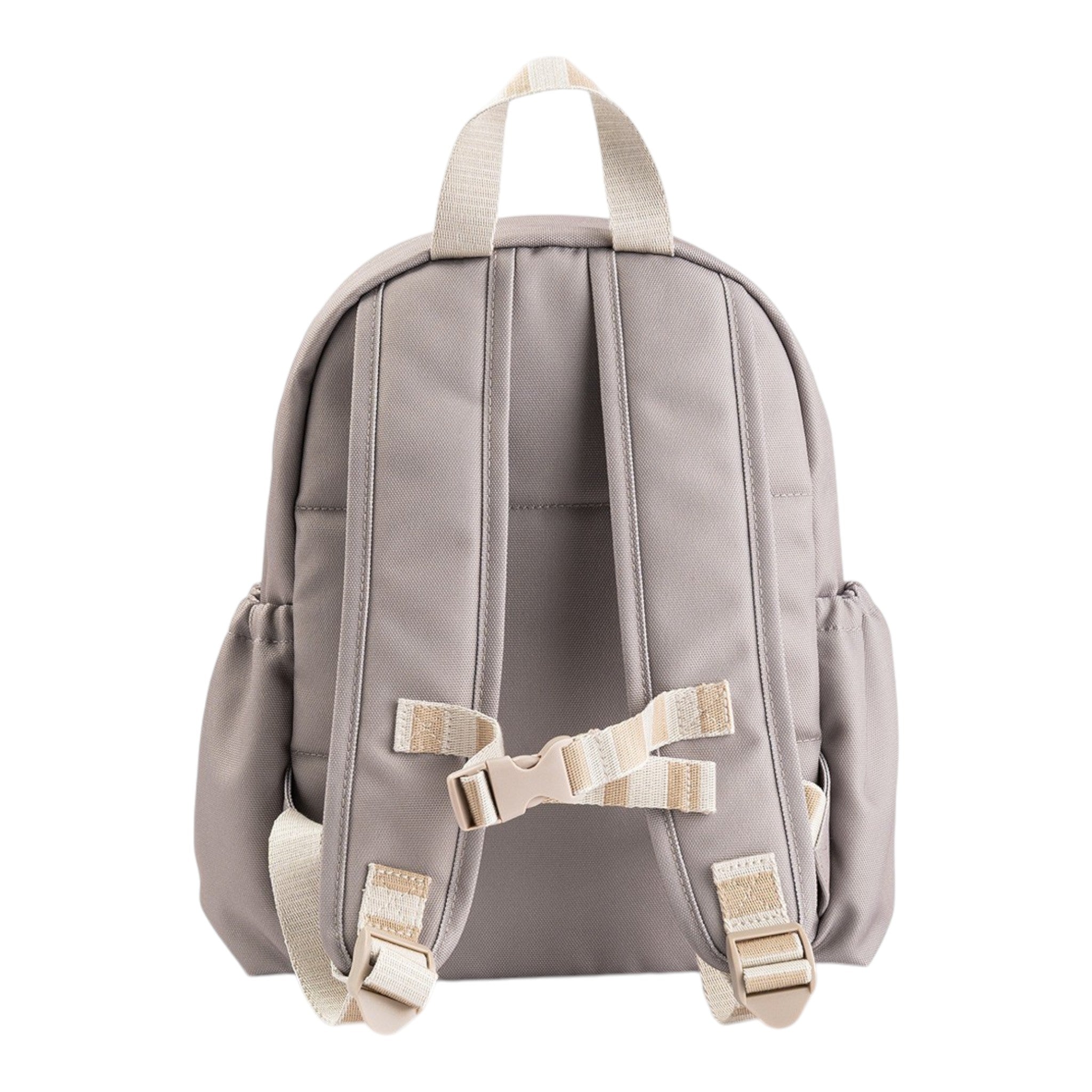 Lil Bunnies - The Collective kids backpack in sand beige with adjustable straps and a chest buckle, back view.