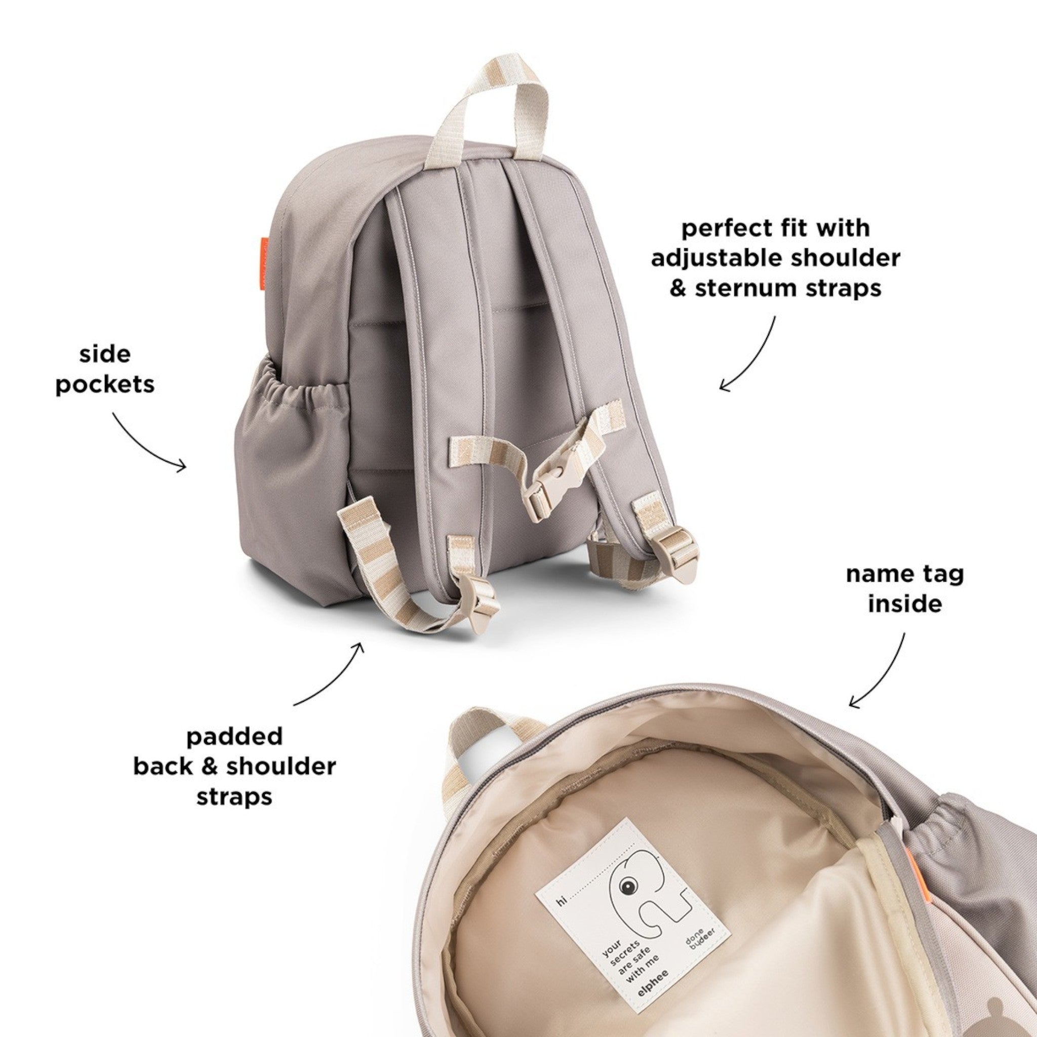 Lil Bunnies - The Collective sand kids backpack featuring adjustable straps, side pockets, and an internal name tag.