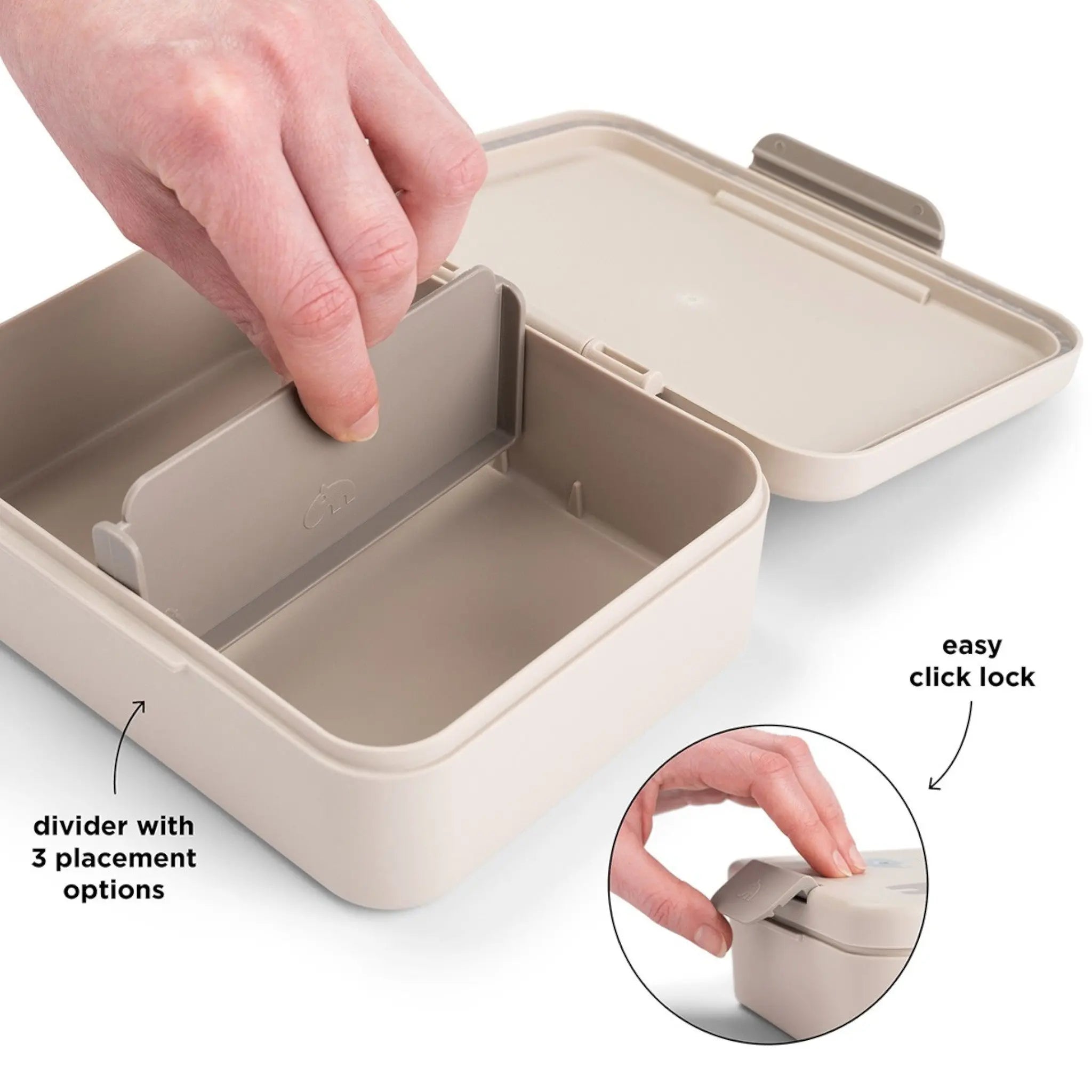 Lil Bunnies - The Collective sand-colored lunch box with an adjustable divider and easy click lock mechanism