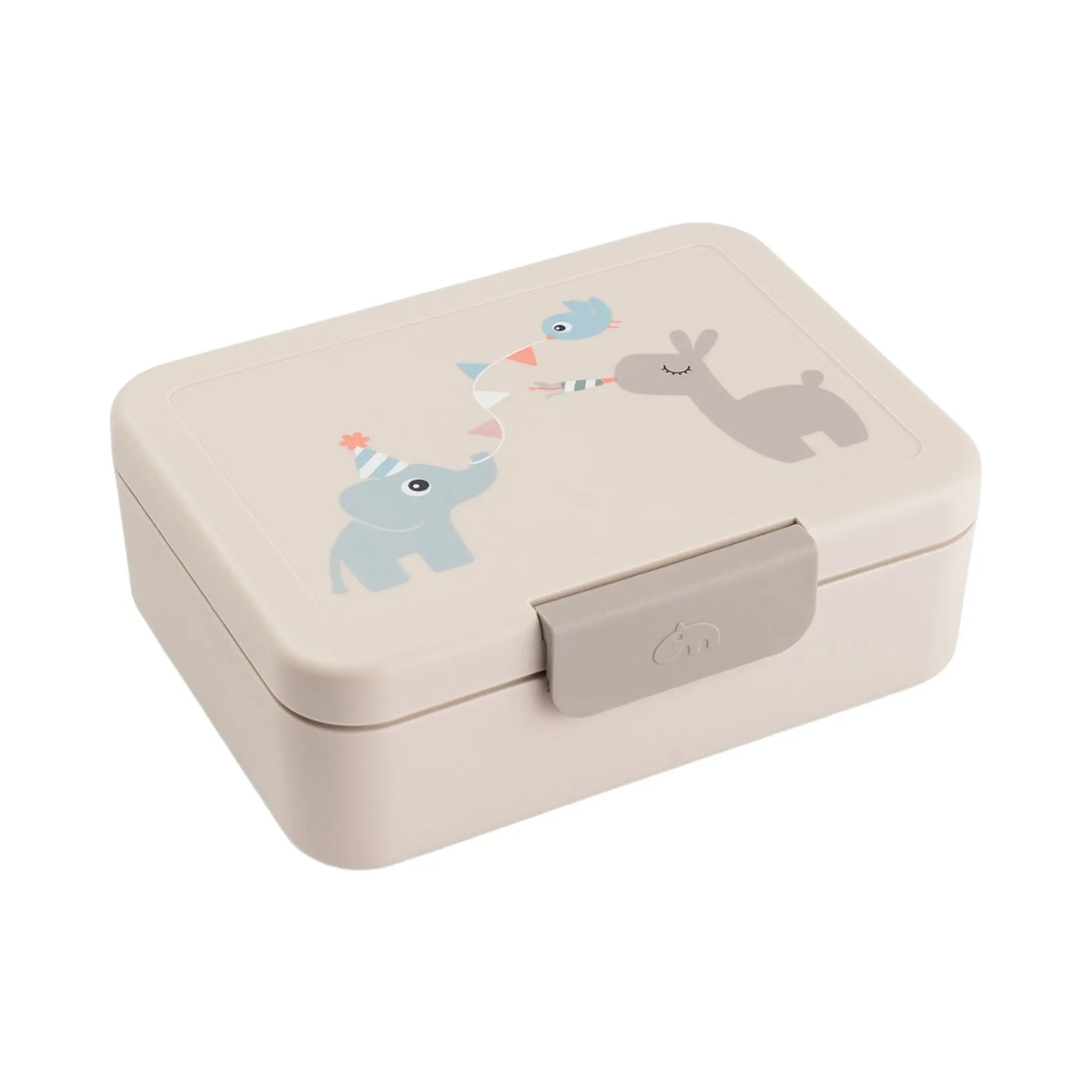 Lil Bunnies - The Collective sand-coloured lunch box with a divider and cute elephant and llama party illustration.
