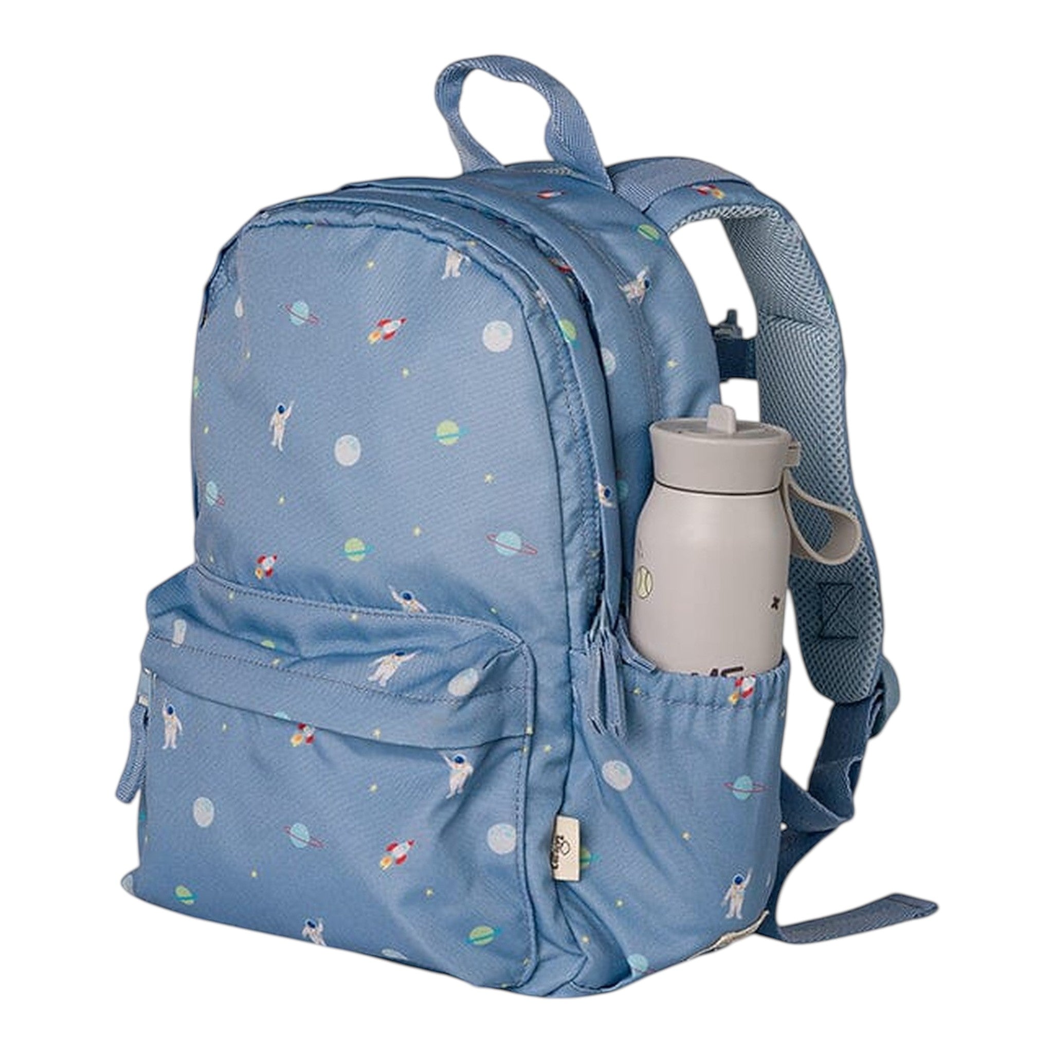 Lil Bunnies - The Collective medium blue backpack featuring a playful outer space print with rockets and astronauts.