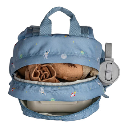 Lil Bunnies - The Collective medium blue backpack featuring a playful spaceship and astronaut print with open zipper