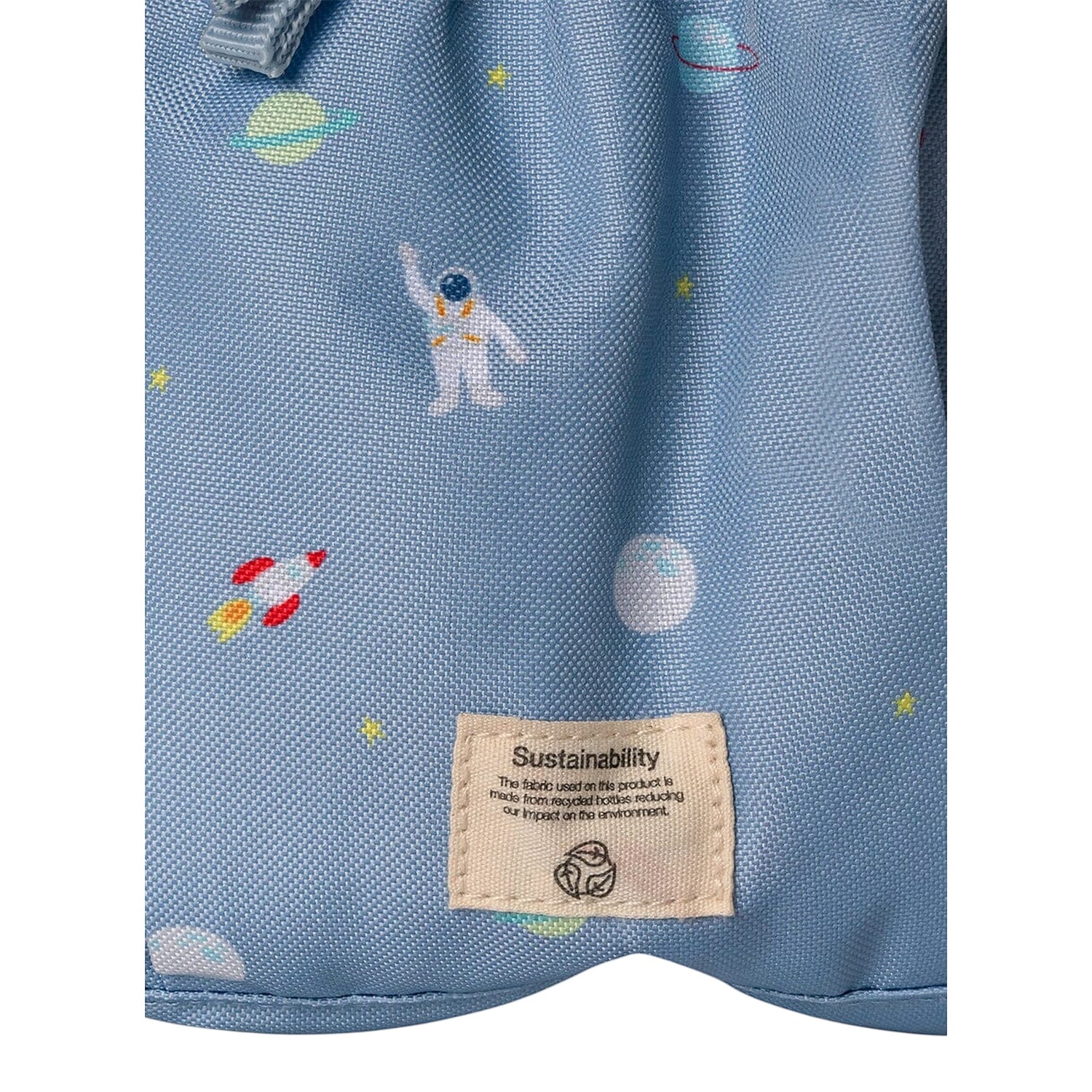 Lil Bunnies - The Collective medium backpack in light blue with a colourful spaceship and astronaut print