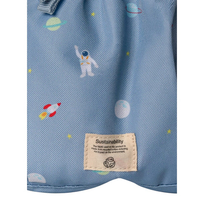 Lil Bunnies - The Collective medium backpack in light blue with a colourful spaceship and astronaut print