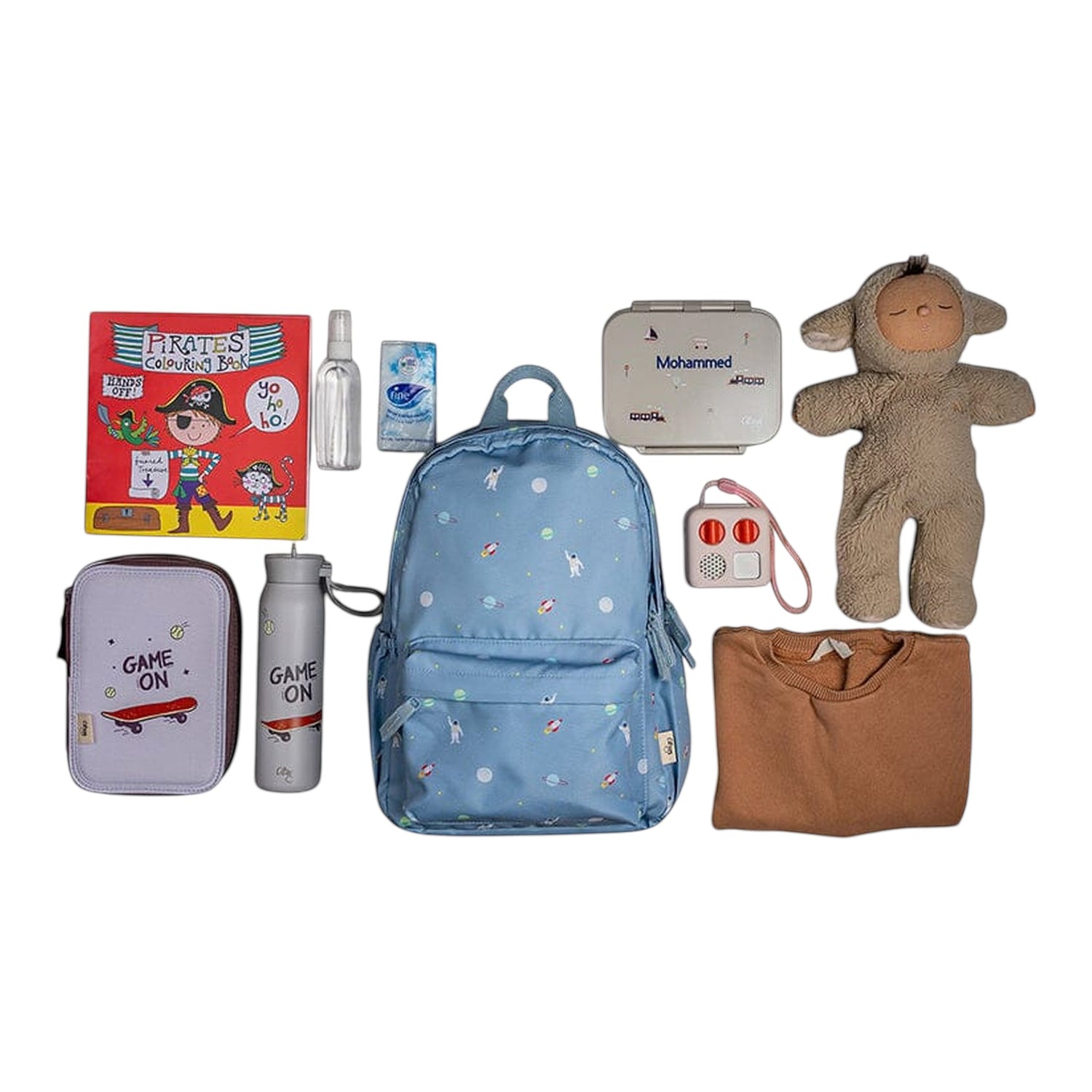 Lil Bunnies - The Collective medium blue backpack with a spaceship pattern, surrounded by kids&