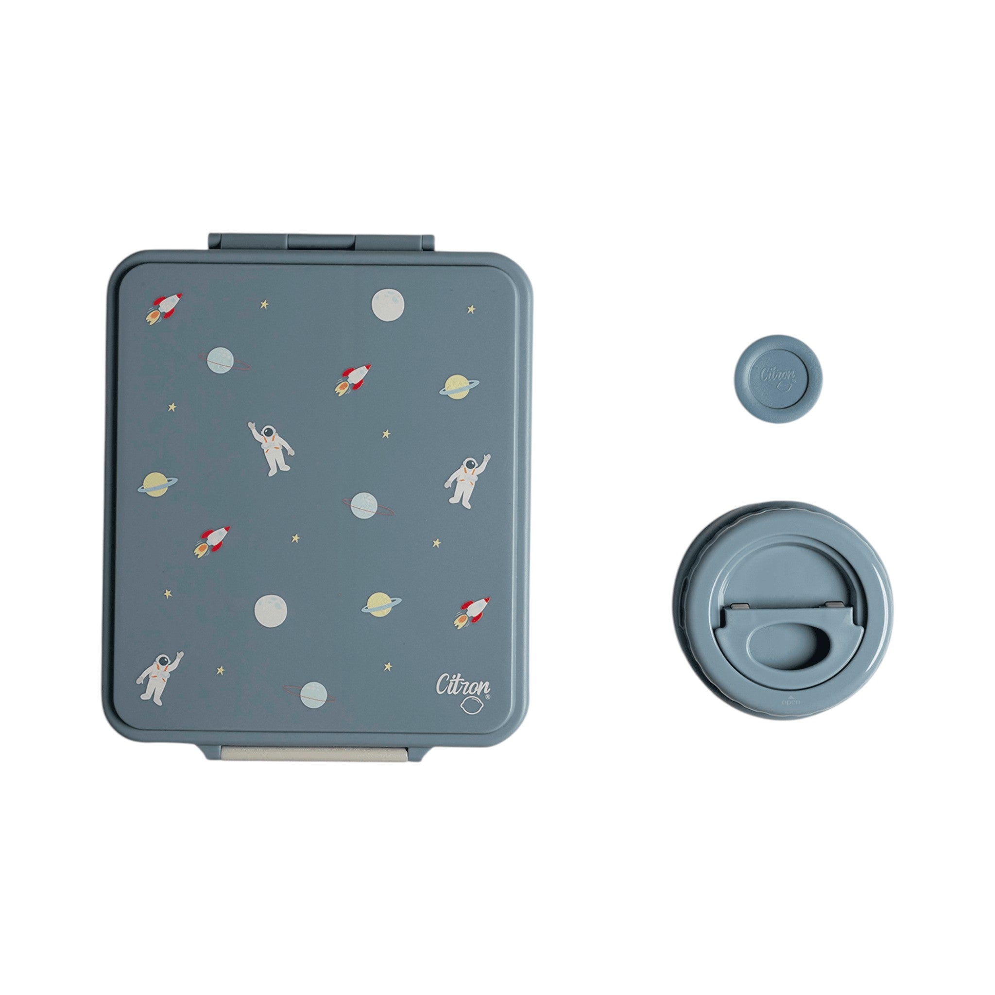 Lil Bunnies - The Collective dusty blue 4-compartment lunch box with spaceship print and matching food jar