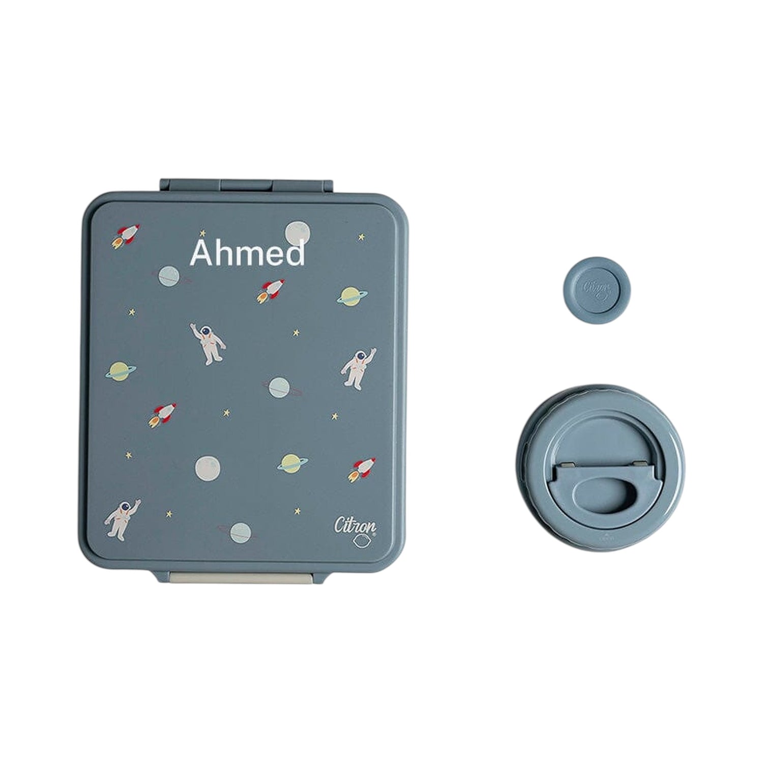 Lil Bunnies - The Collective dusty blue 4-compartment lunch box with spaceship print and matching food jar