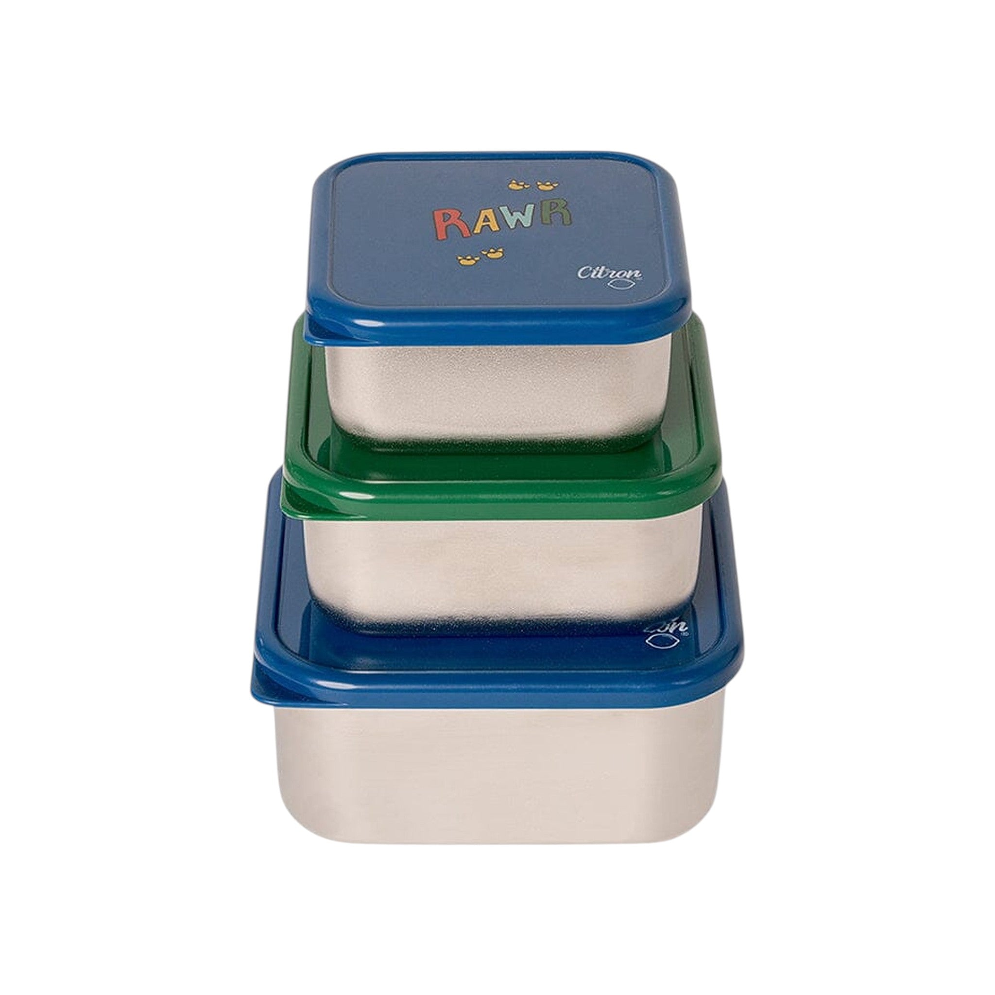Lil Bunnies - The Collective blue and green stainless steel stackable lunchbox set with dinosaur RAWR print