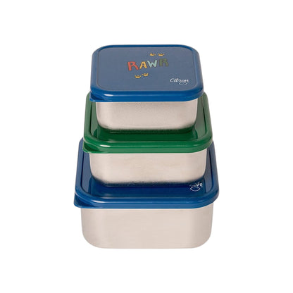 Lil Bunnies - The Collective blue and green stainless steel stackable lunchbox set with dinosaur RAWR print