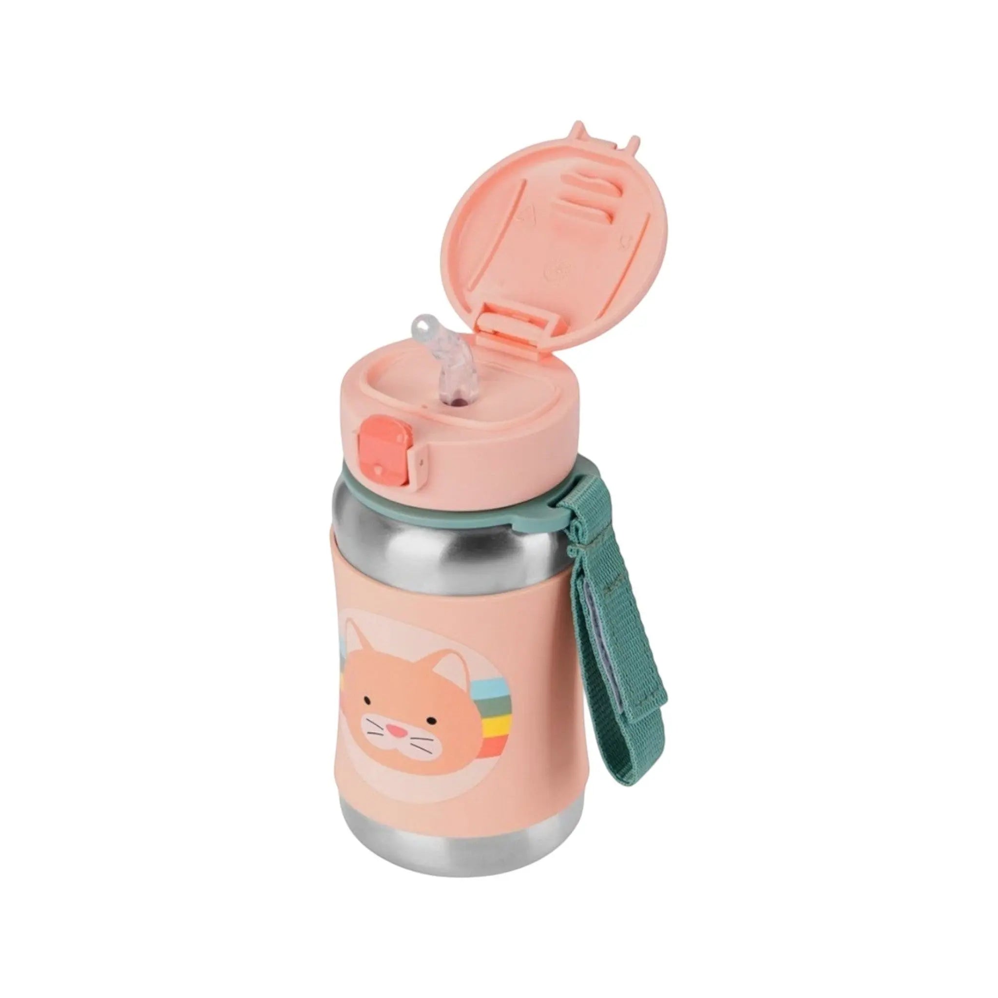 Lil Bunnies - The Collective stainless steel cat water bottle with a pink lid, straw, and green carrying strap