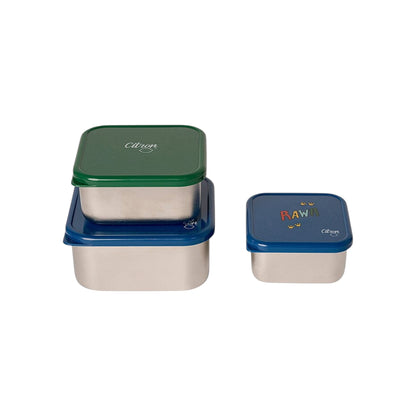 Lil Bunnies - The Collective stainless steel stackable lunchbox set in blue and green with dinosaur-themed lid