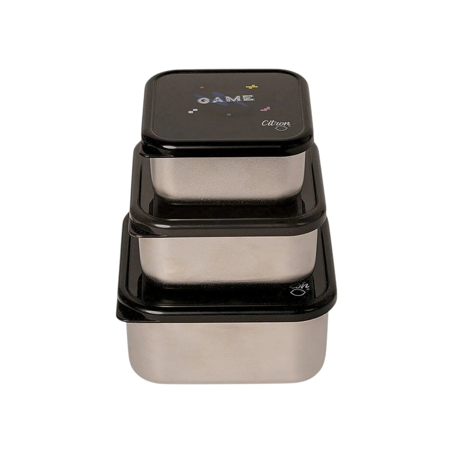 Lil Bunnies - The Collective stainless steel stackable lunchbox set with black gaming-themed lids