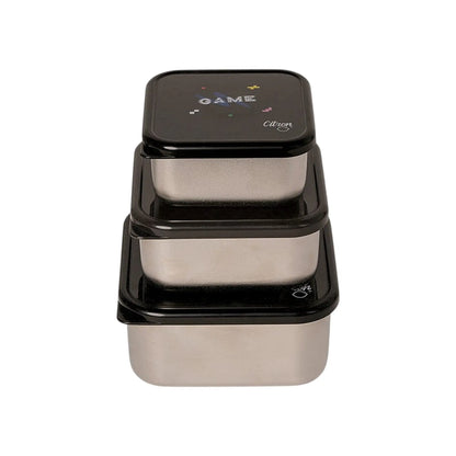 Lil Bunnies - The Collective stainless steel stackable lunchbox set with black gaming-themed lids