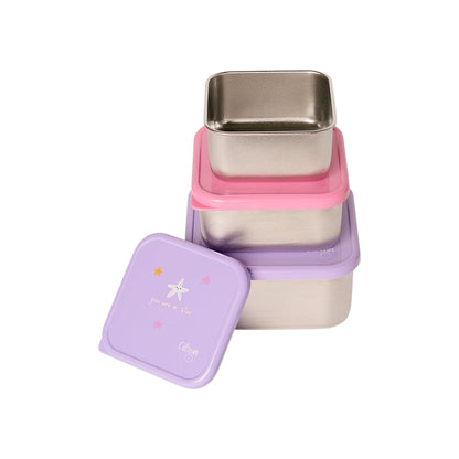 Lil Bunnies - The Collective stainless steel stackable lunchbox set in mermaid theme with pink and purple lids