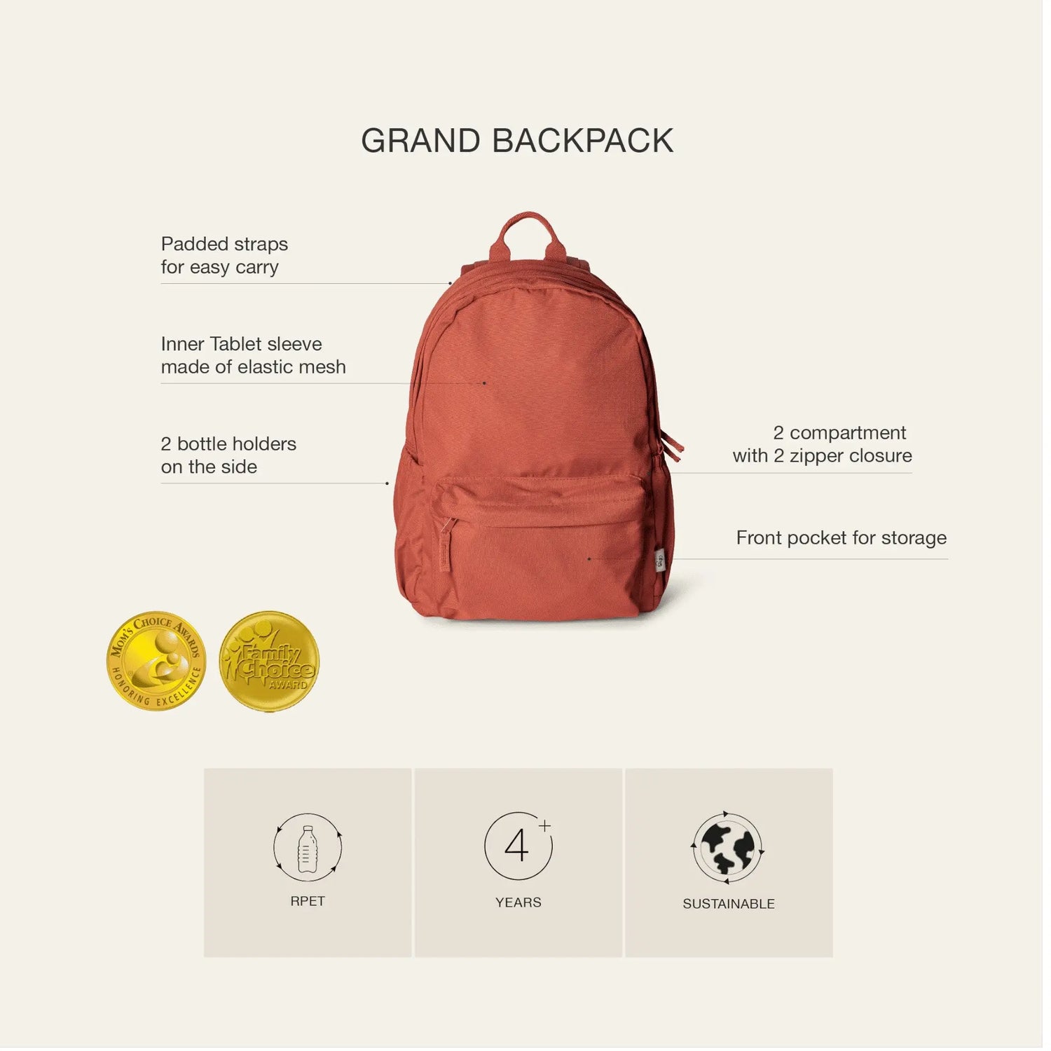 Lil Bunnies - The Collective Grand Backpack in a solid terracotta red colour with a front zip pocket