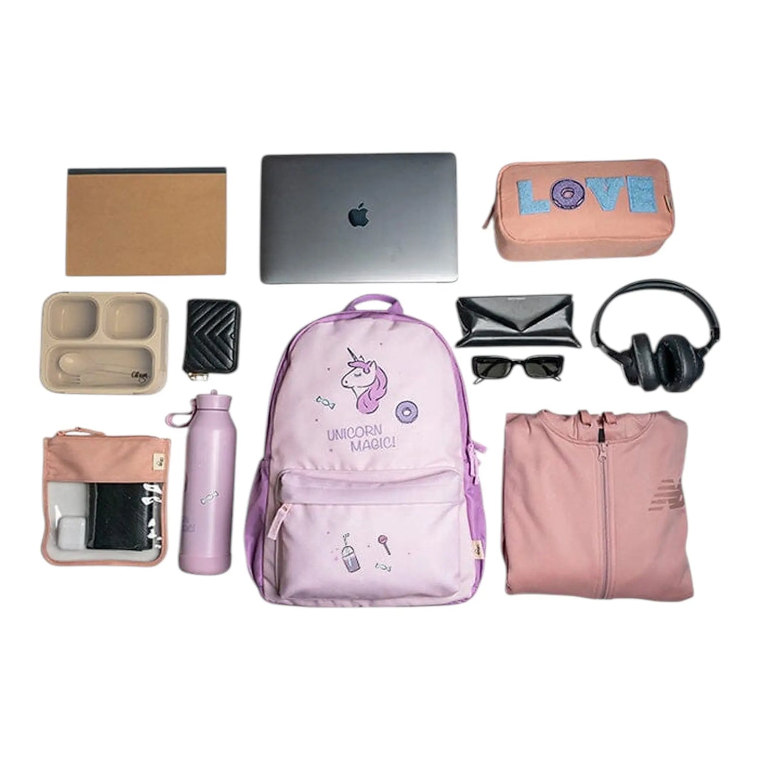 Lil Bunnies - The Collective Grand Backpack in light purple with unicorn print, surrounded by organized accessories.