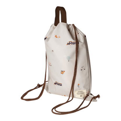 Lil Bunnies - The Collective beige drawstring wet bag featuring a playful vehicle print with brown rope straps
