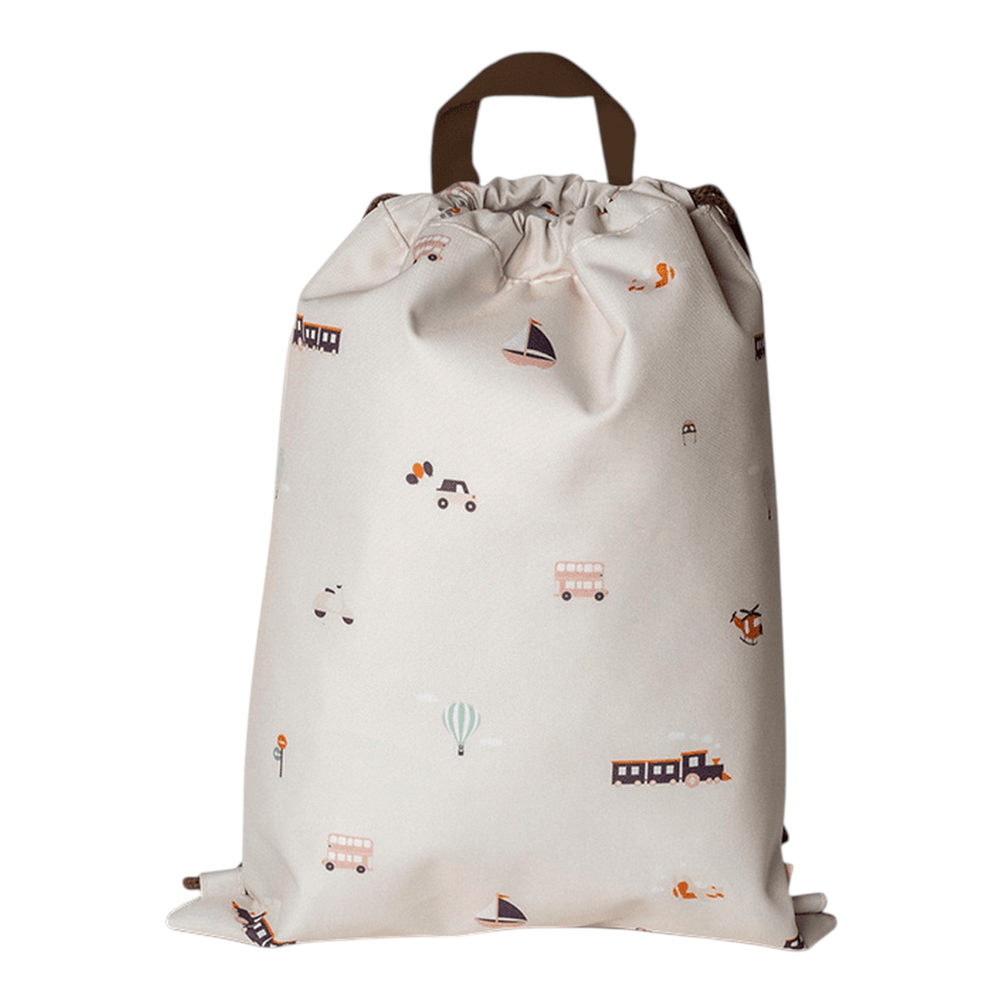 Lil Bunnies - The Collective drawstring wet bag in beige featuring a playful vehicles pattern with brown straps.