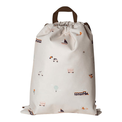 Lil Bunnies - The Collective drawstring wet bag in beige featuring a playful vehicles pattern with brown straps.