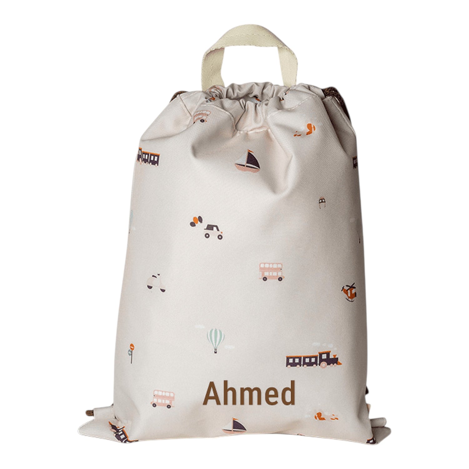 Lil Bunnies - The Collective beige drawstring wet bag featuring a colourful vehicles print and personalized name Ahmed