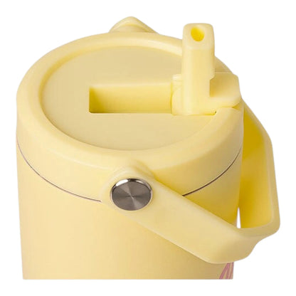 Lil Bunnies - The Collective 600ml insulated tumbler in pastel yellow with a convenient carry handle and straw lid