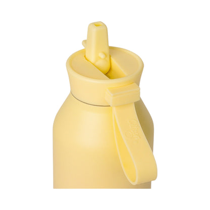 Lil Bunnies - The Collective 750ml pale yellow water bottle with a convenient silicone carry strap and straw lid