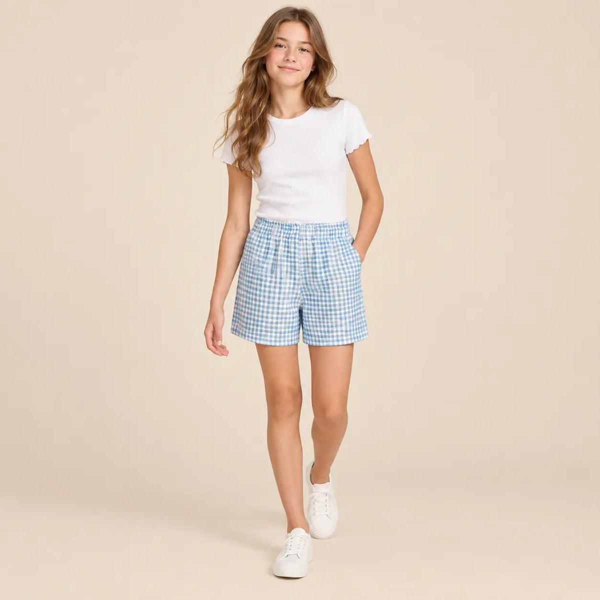Linen check bermuda - 14Y girl lookbook pose 2