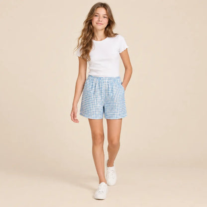 Linen check bermuda - 14Y girl lookbook pose 2